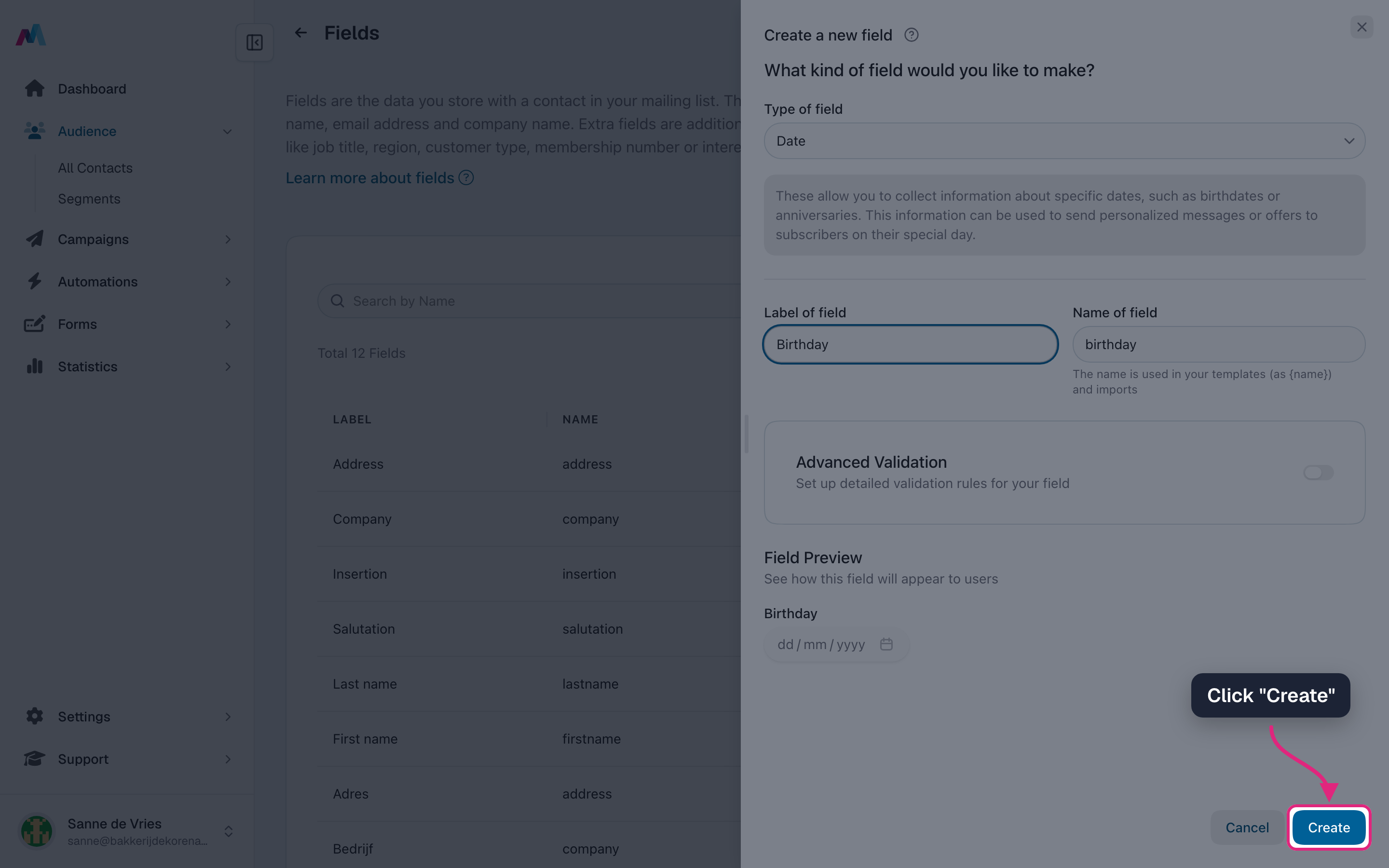 The Create button of the new field drawer