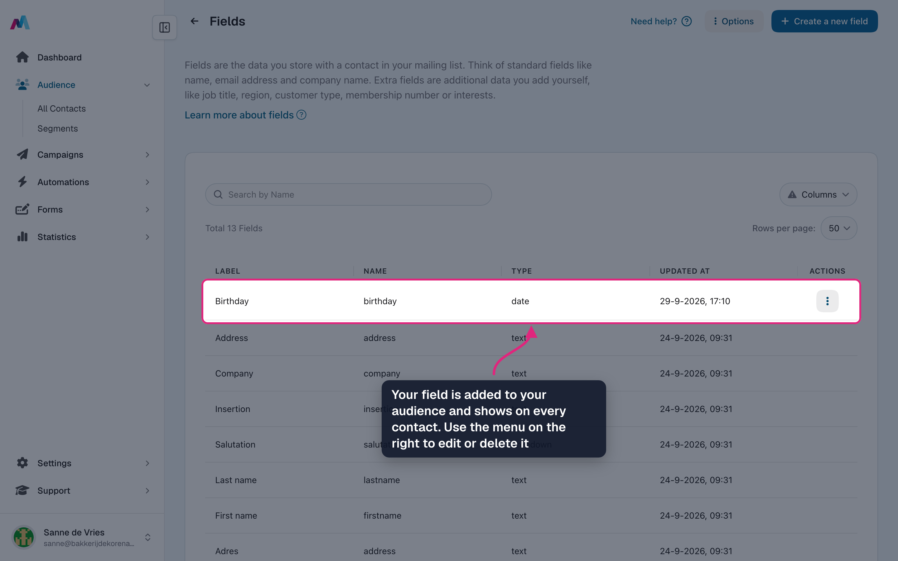 The new birthday field in the list of fields