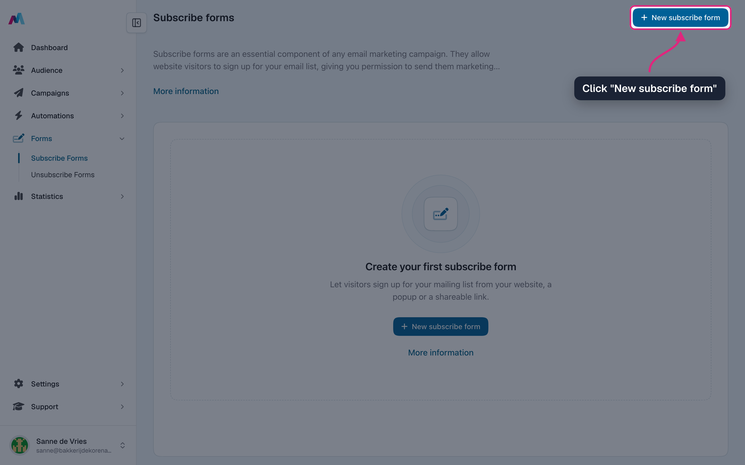 The subscribe forms overview with "New subscribe form" highlighted