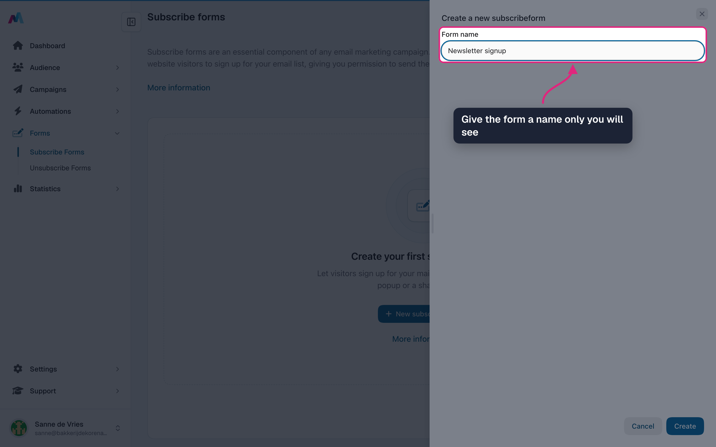 The form name field, filled in