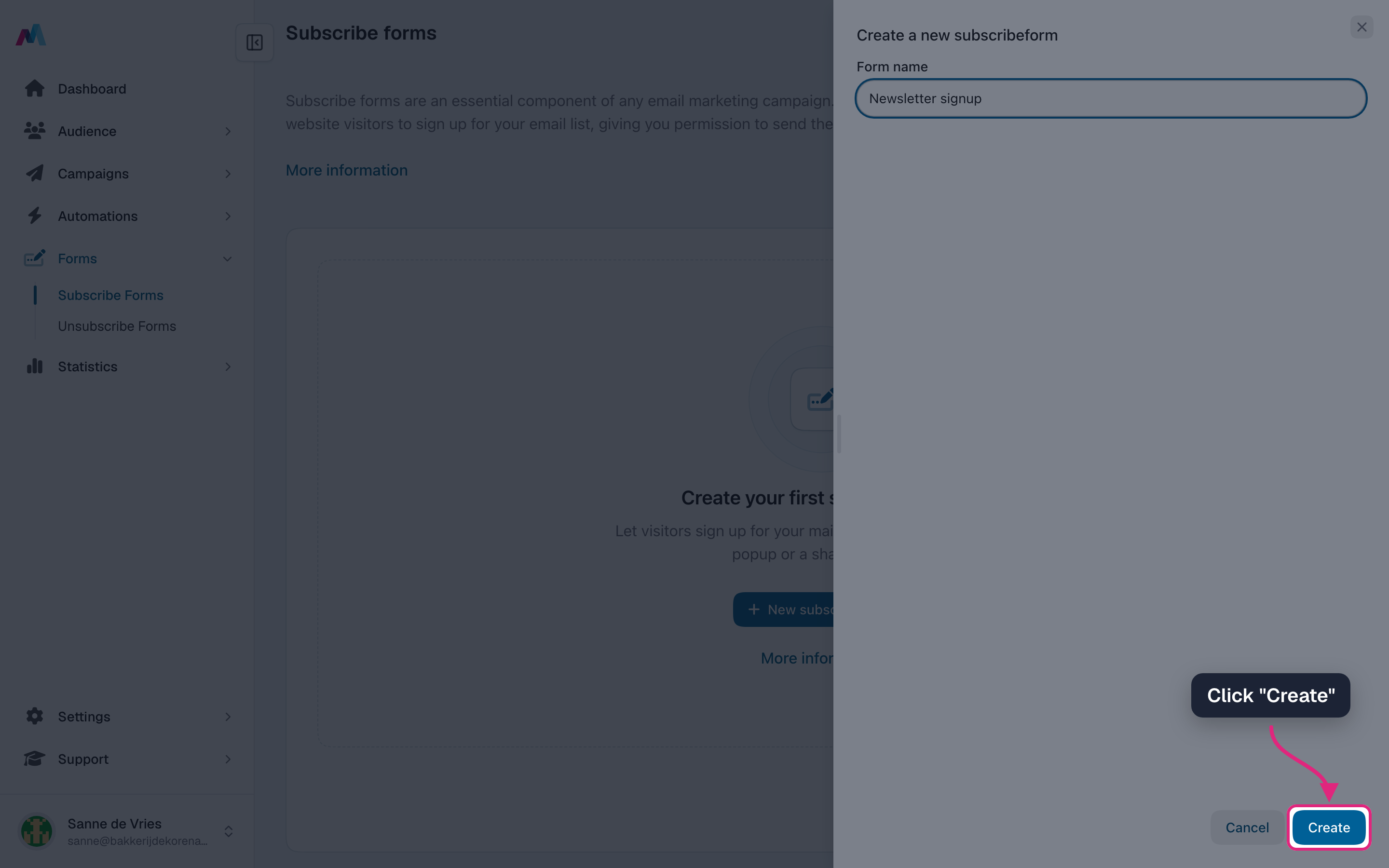 The "Create" button in the drawer highlighted