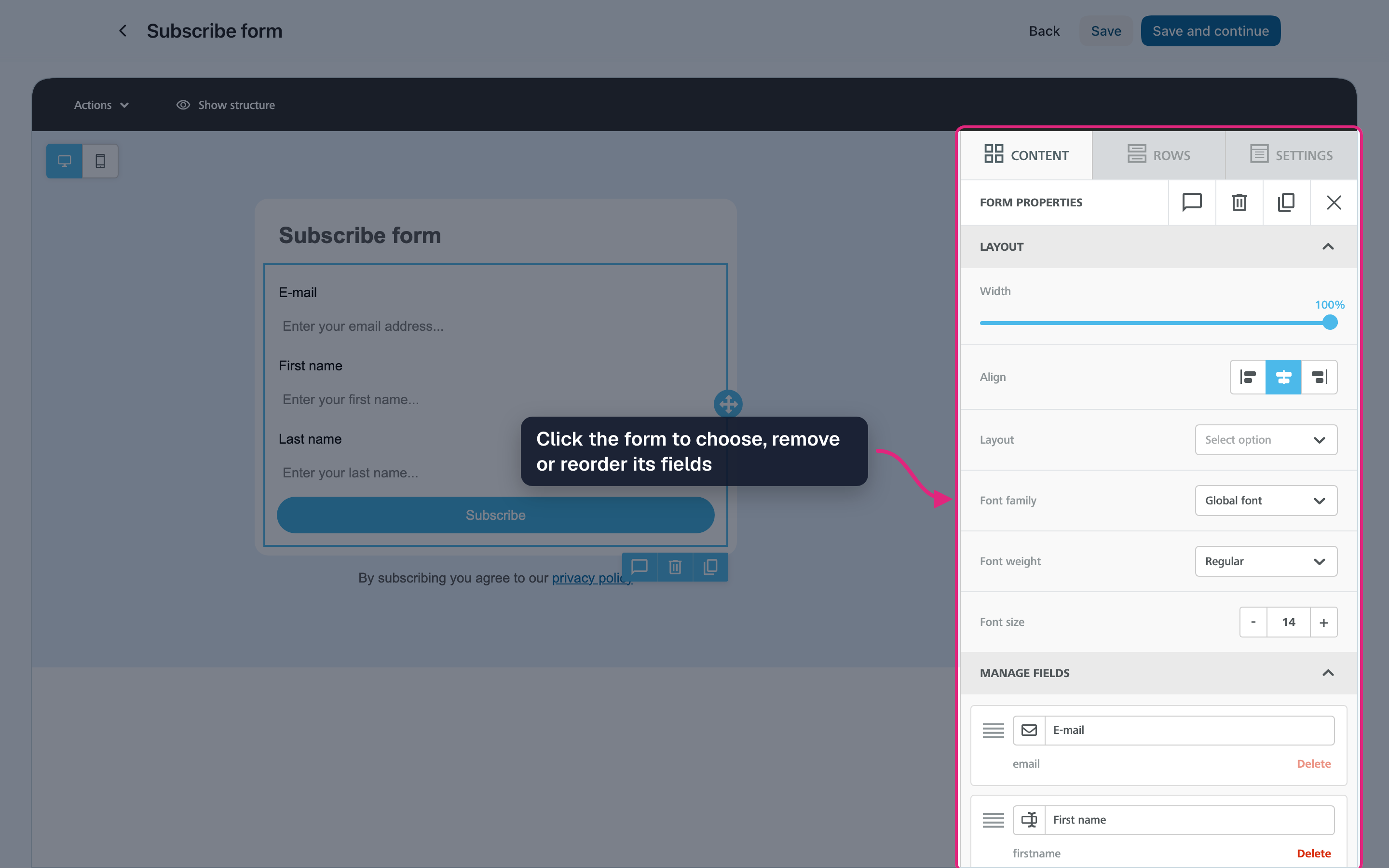 The editor with the form properties and its fields highlighted