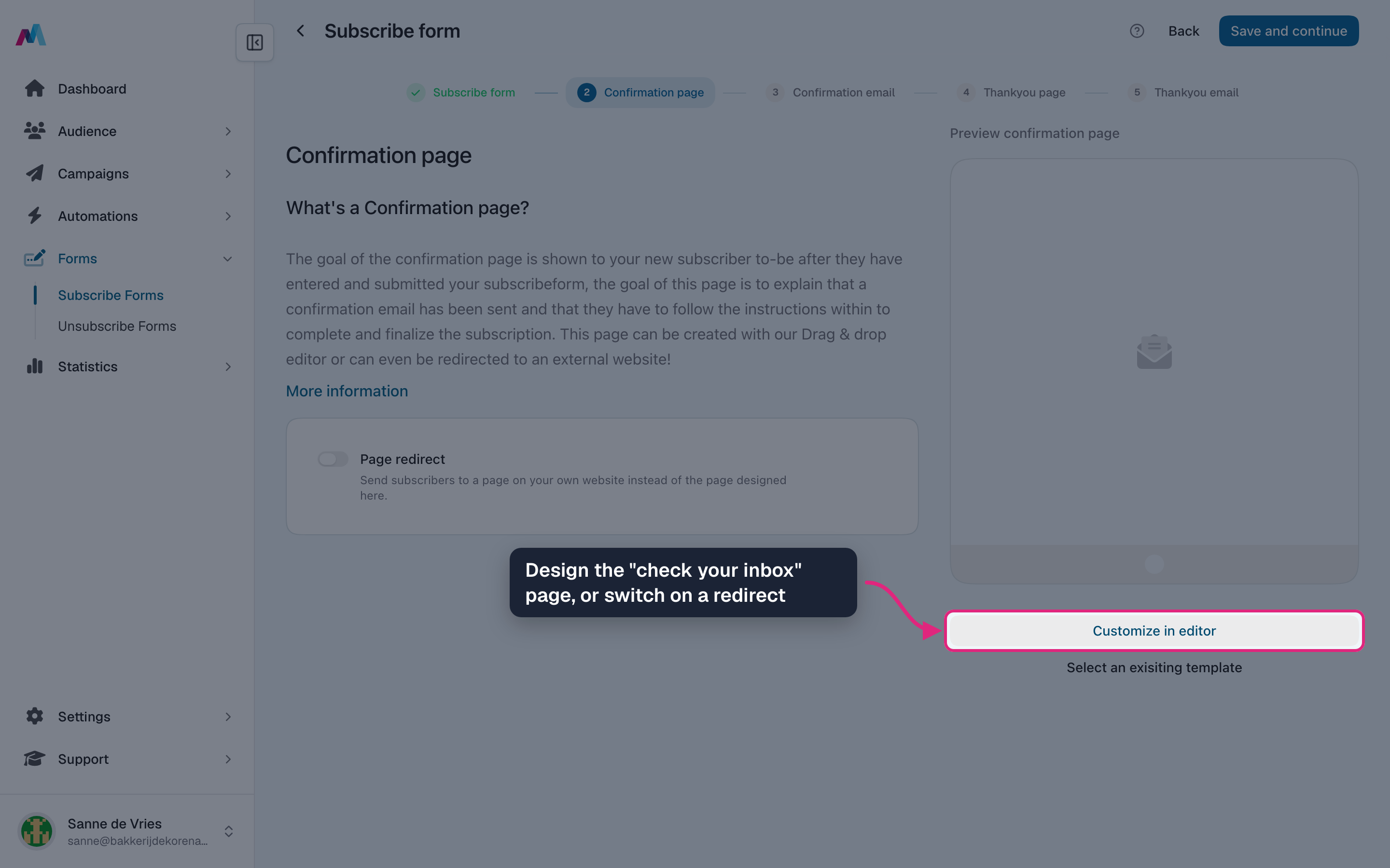 The confirmation page step with "Customize in editor" highlighted