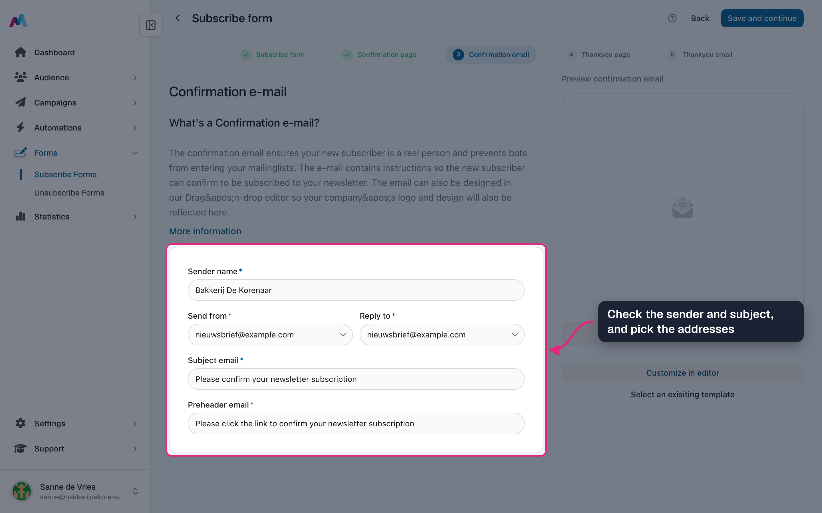The confirmation email settings highlighted