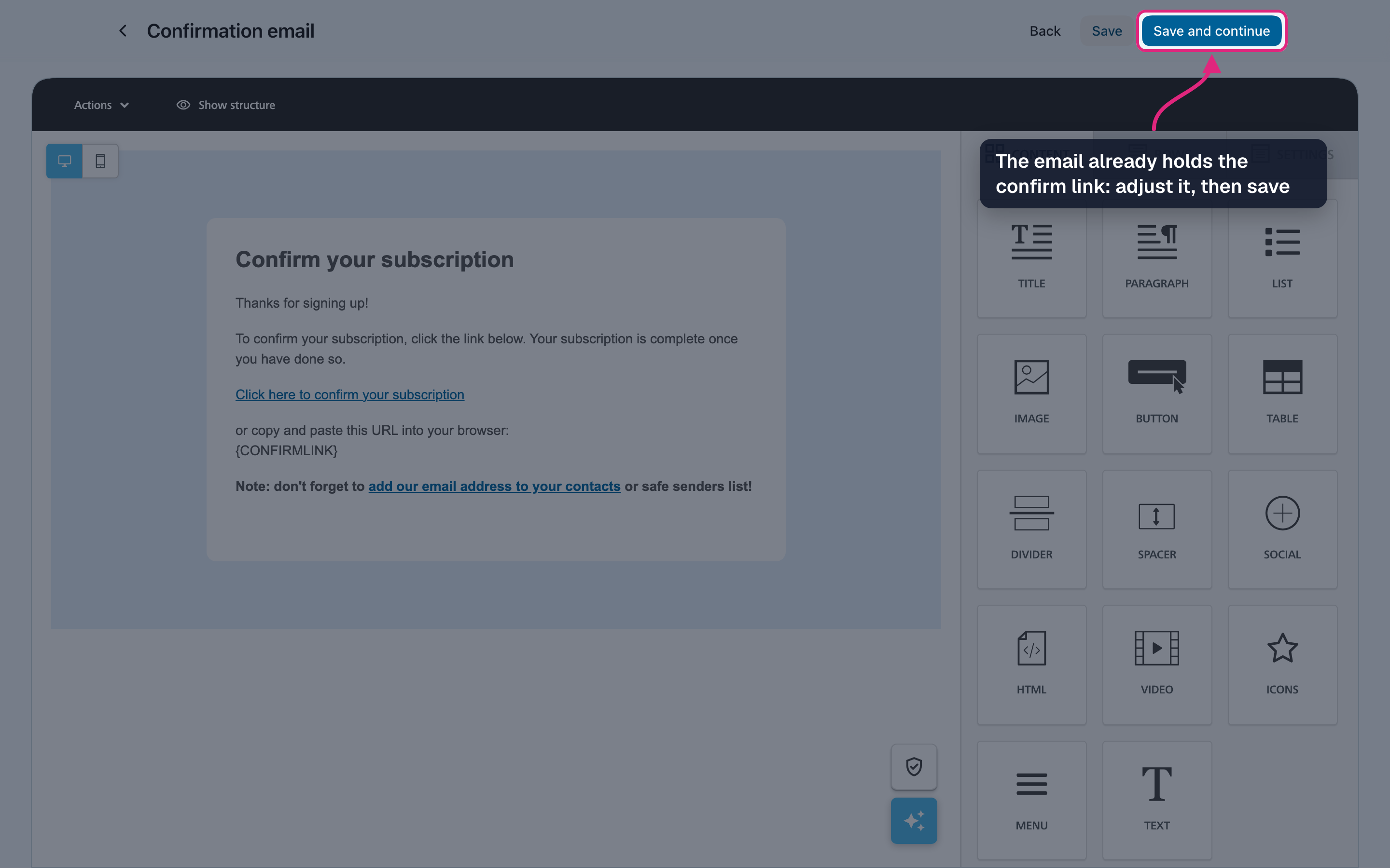 The confirmation email in the editor with "Save and continue" highlighted