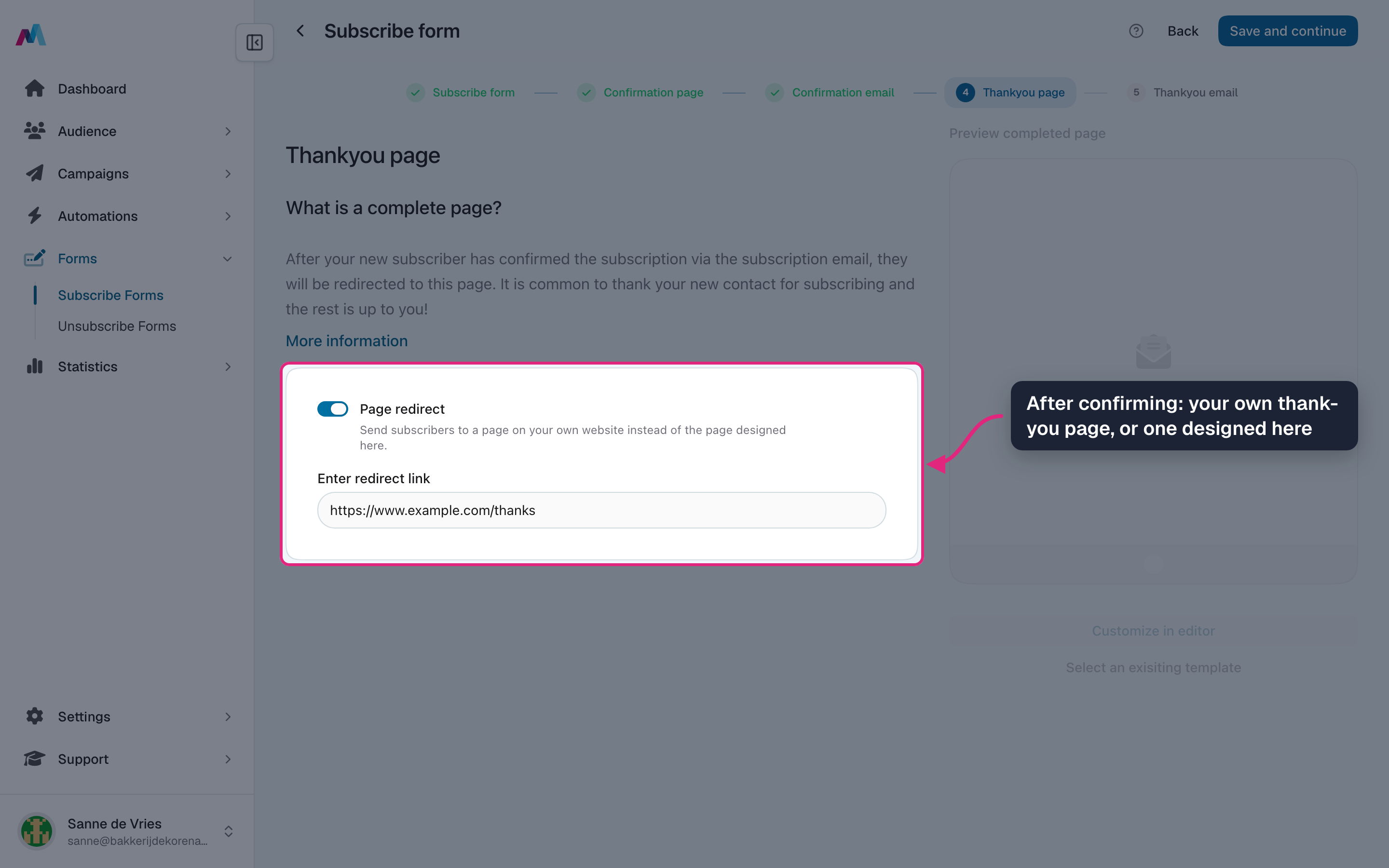 The thank-you page step with the page redirect switched on