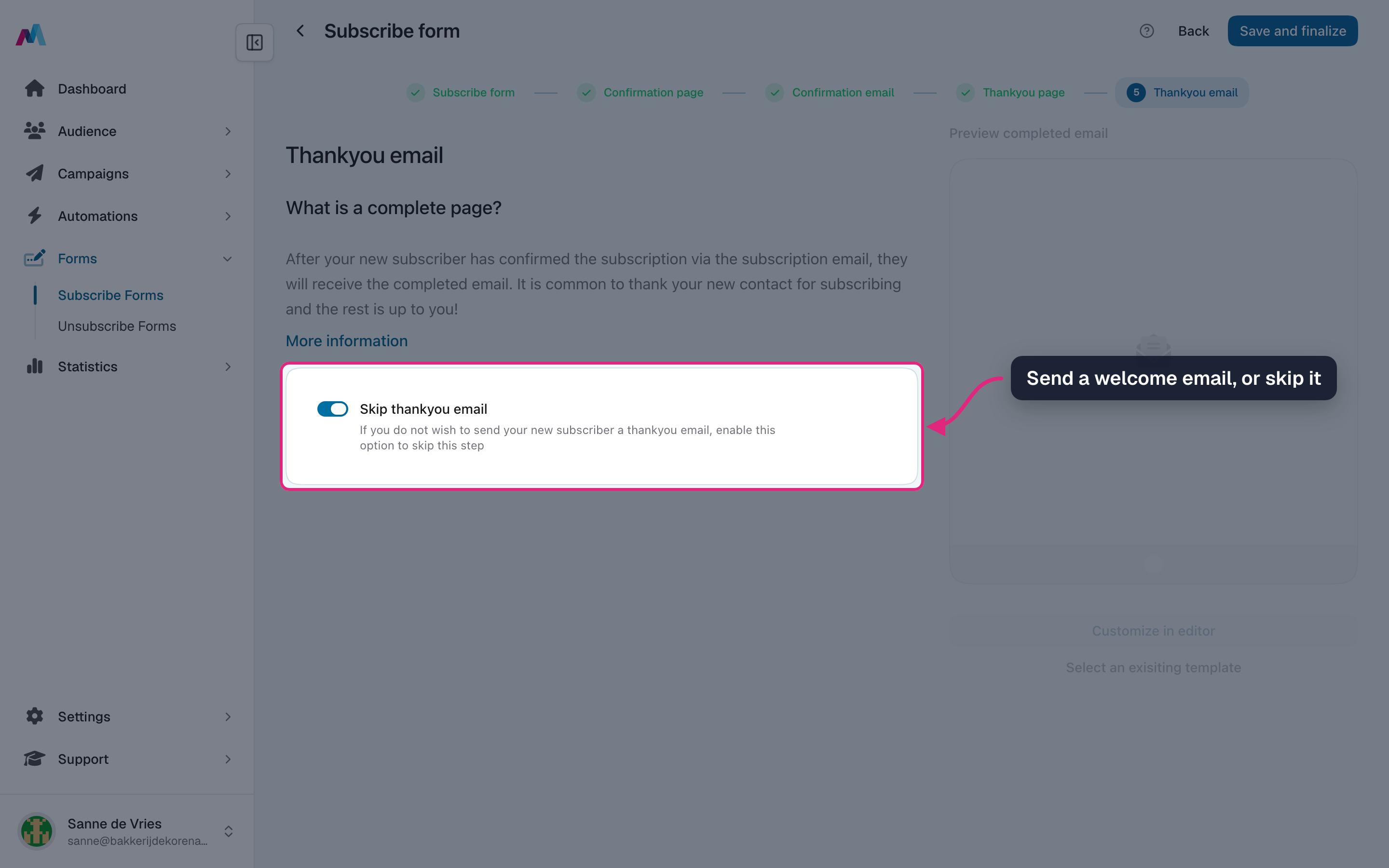 The "Skip thankyou email" switch highlighted