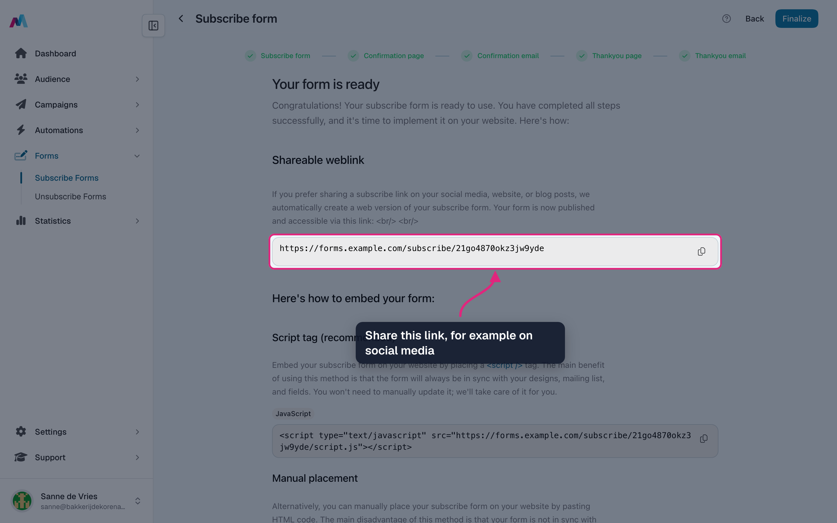 The shareable weblink of the finished form highlighted