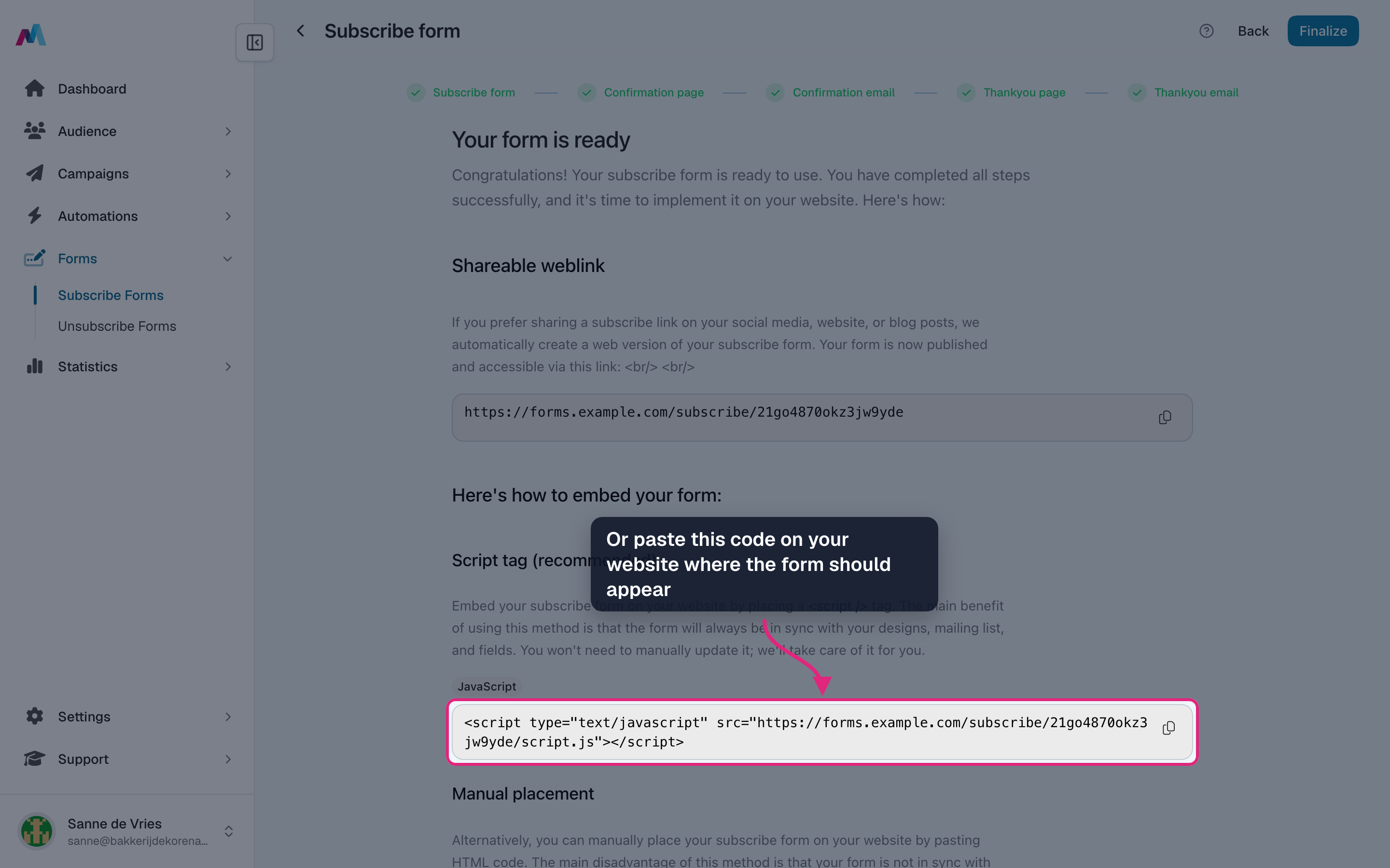 The script tag to place on your website highlighted