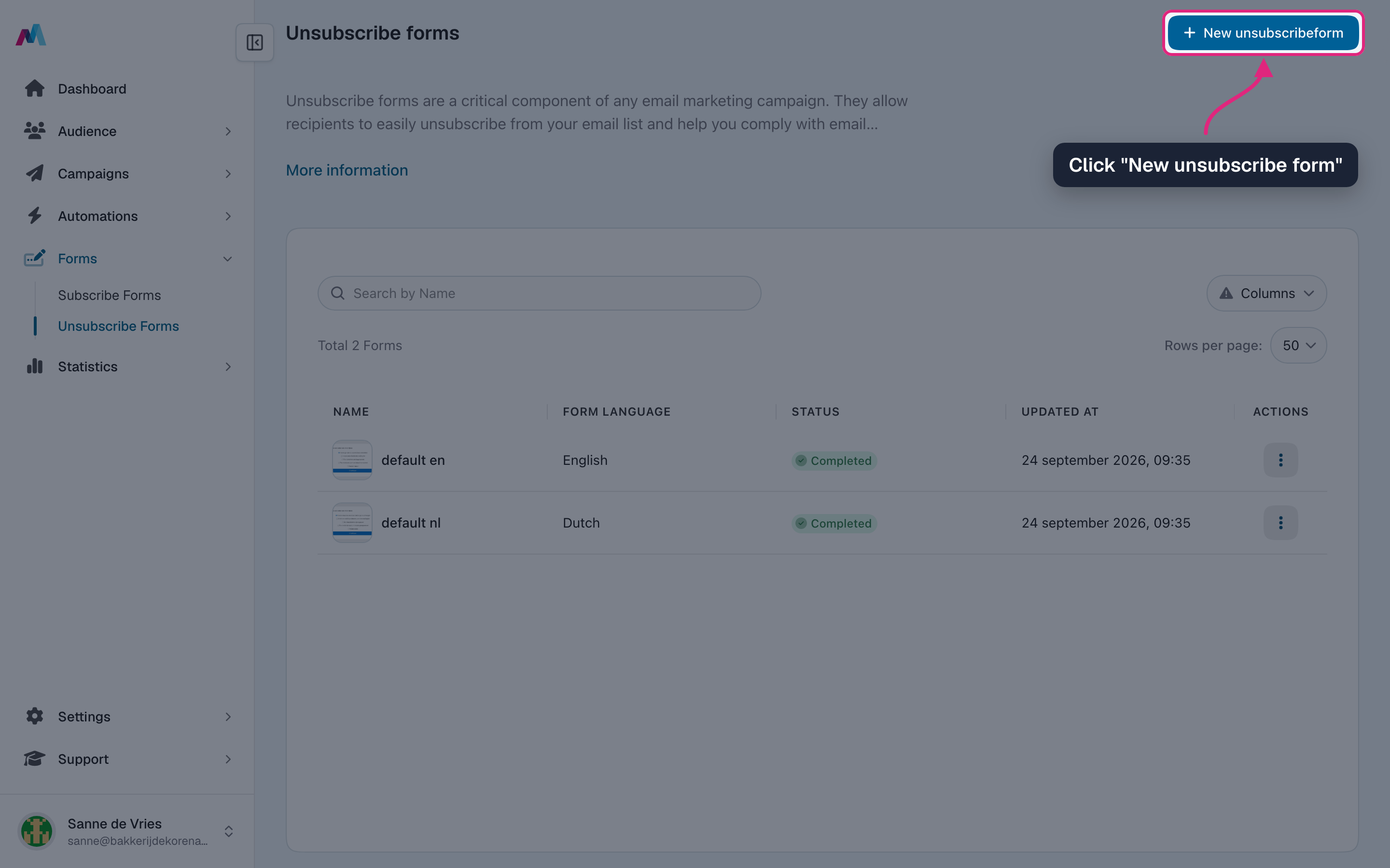 The unsubscribe forms overview with "New unsubscribe form" highlighted