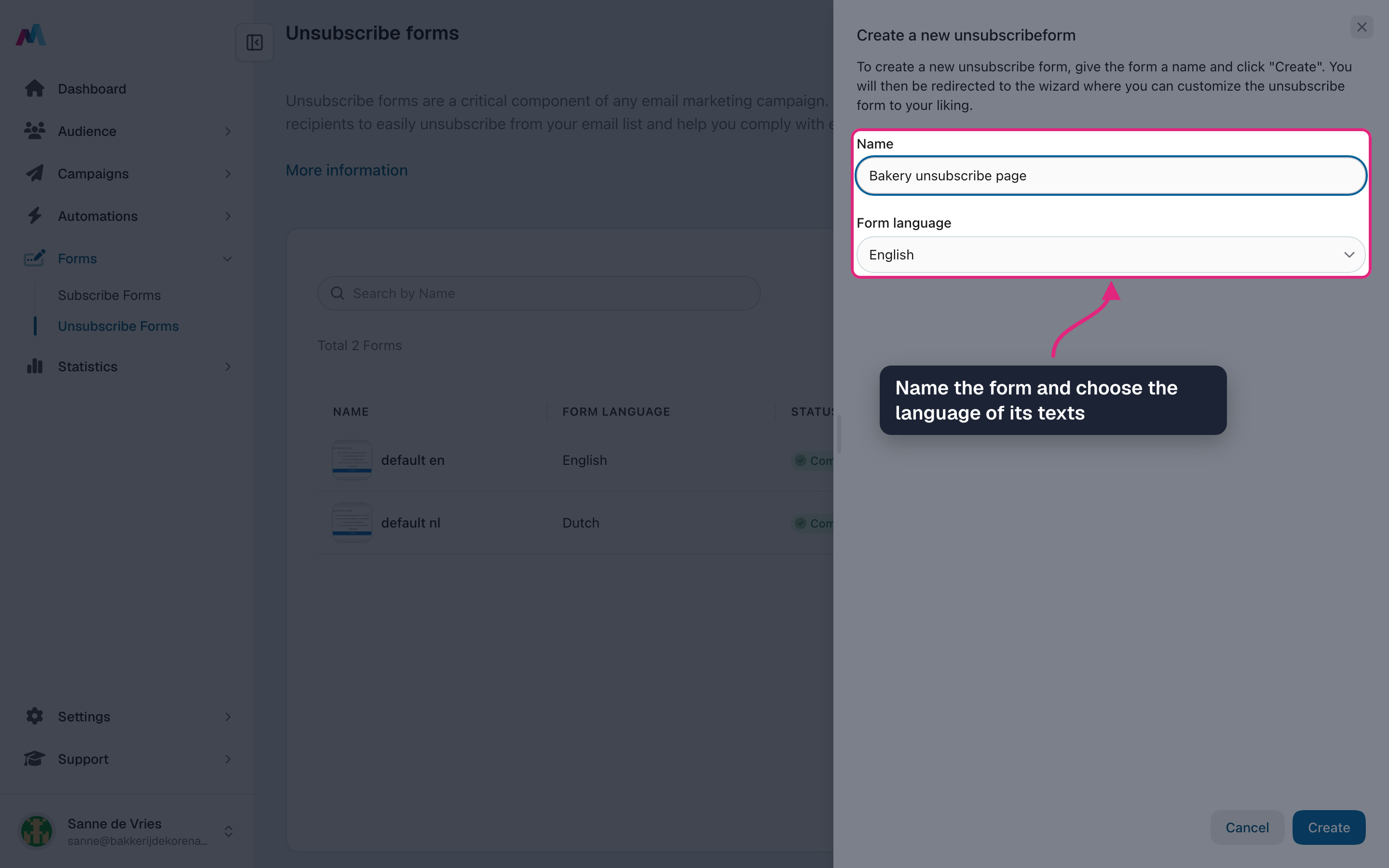 The name and form language fields, filled in