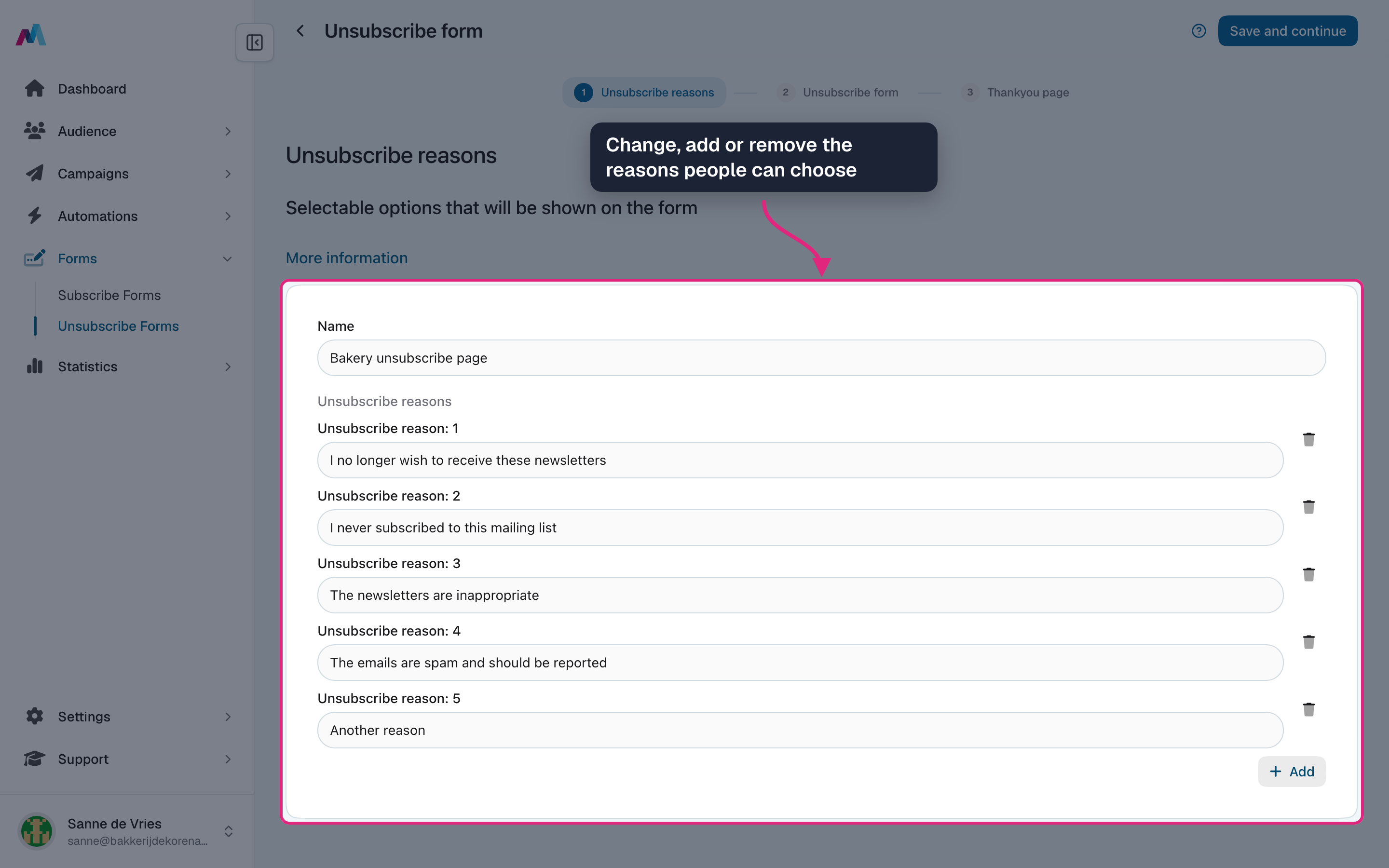 The unsubscribe reasons highlighted