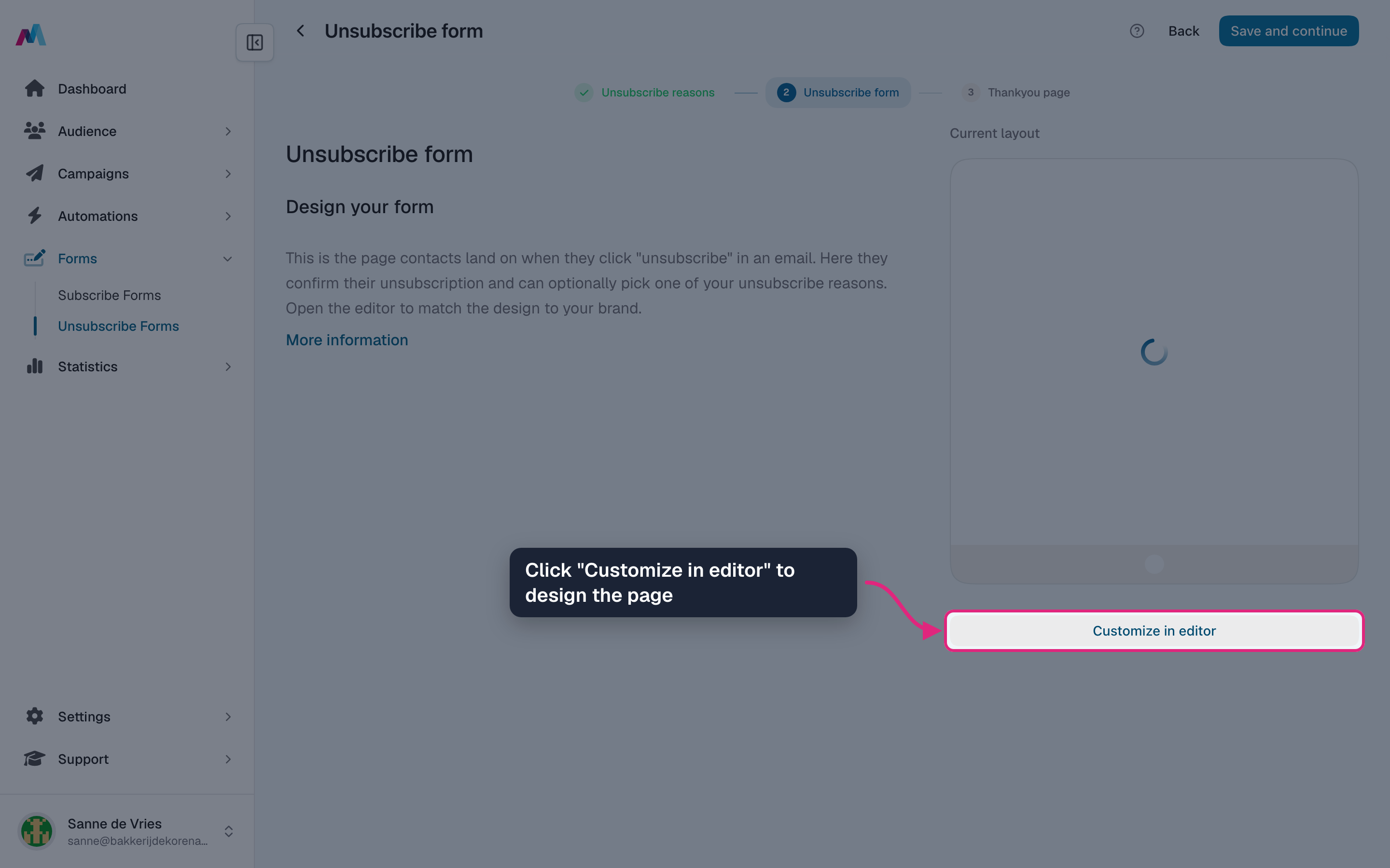 The unsubscribe form step with "Customize in editor" highlighted