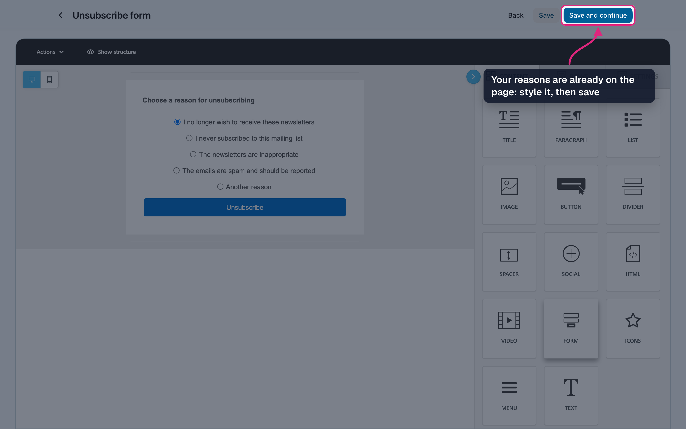 The unsubscribe page in the editor with "Save and continue" highlighted