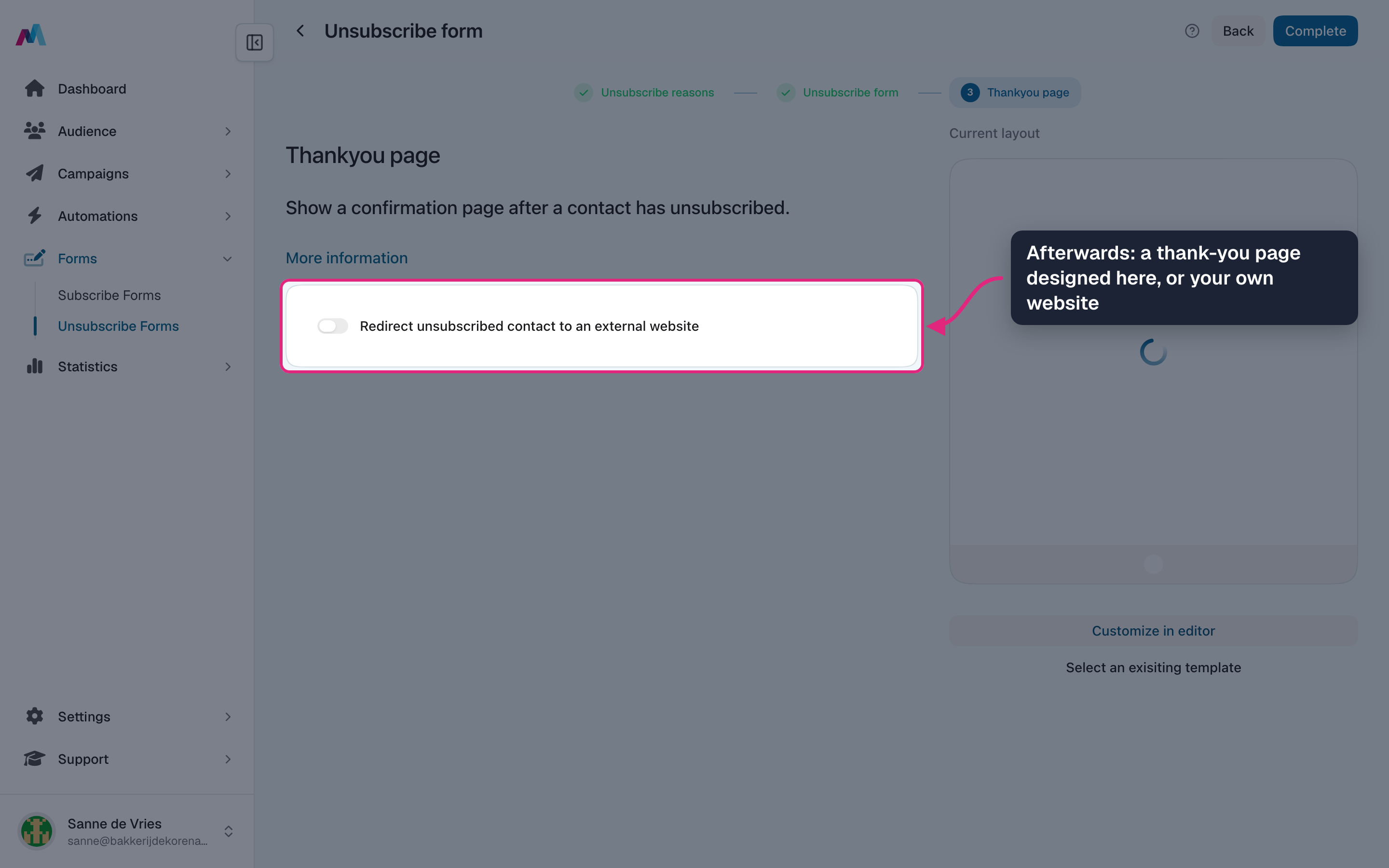 The thank-you page step with the redirect switch highlighted