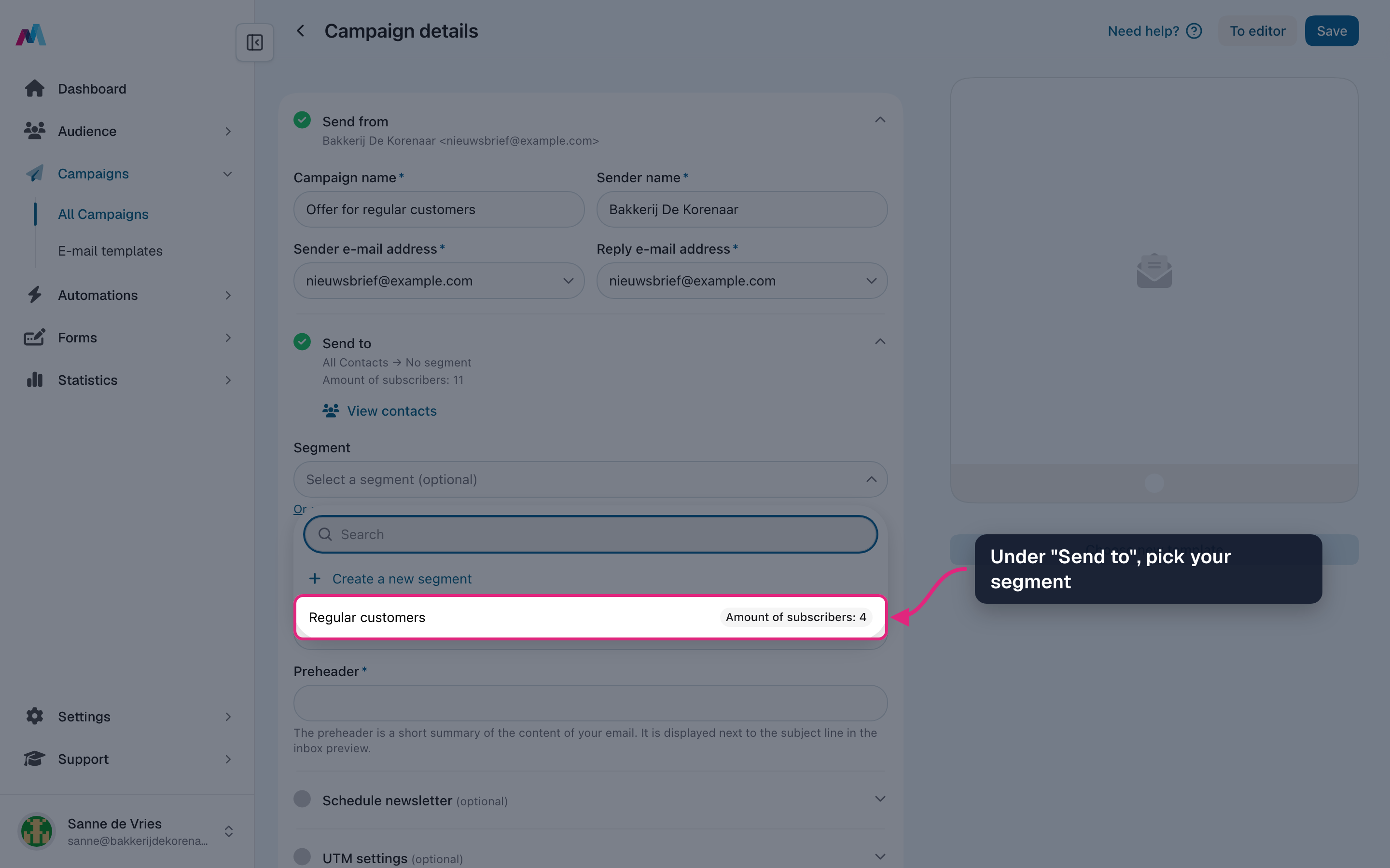 The segment list under "Send to" with the segment "Regular customers" highlighted