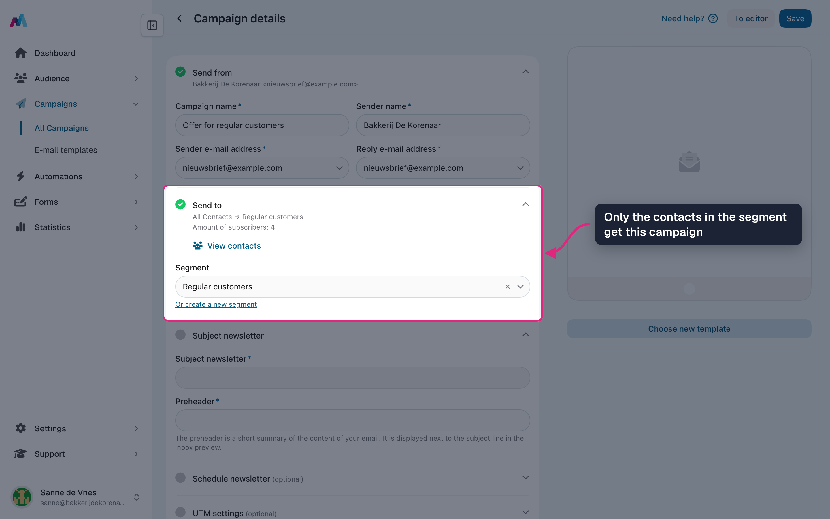 The "Send to" section with the segment selected and 4 subscribers