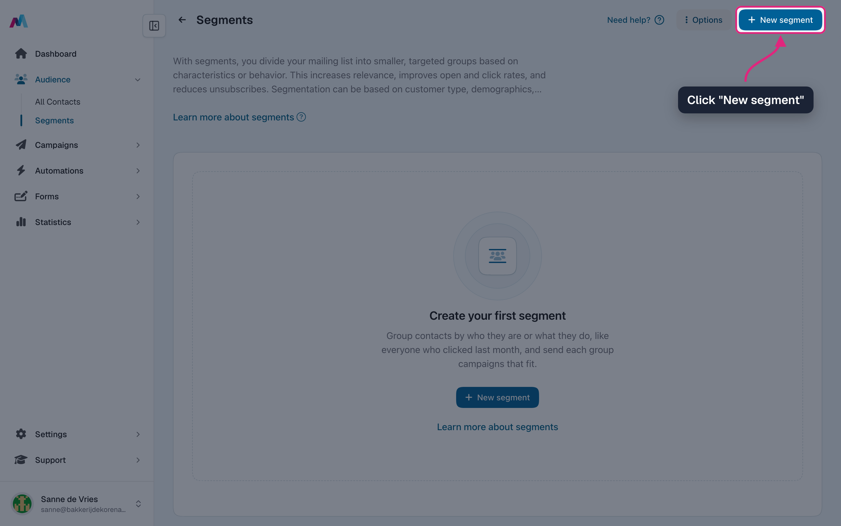 The segments overview with "New segment" highlighted