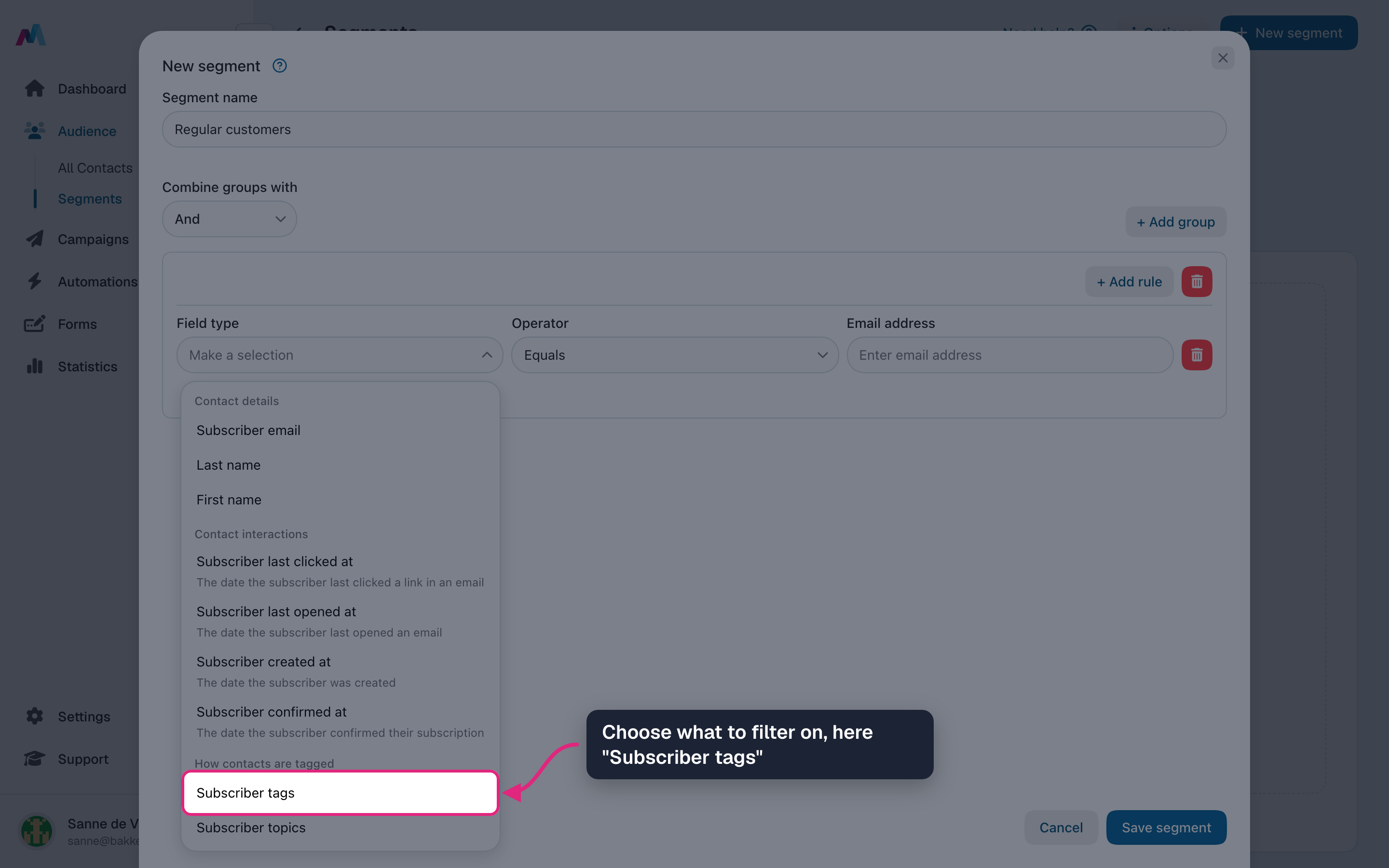 The field type list with "Subscriber tags" highlighted