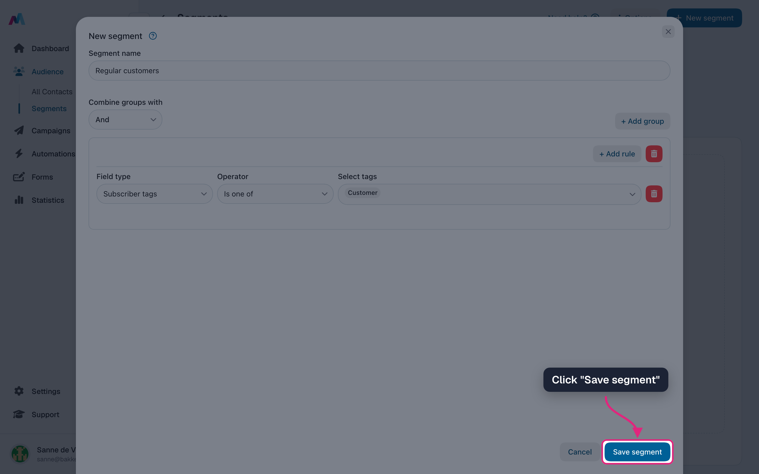 The "Save segment" button highlighted
