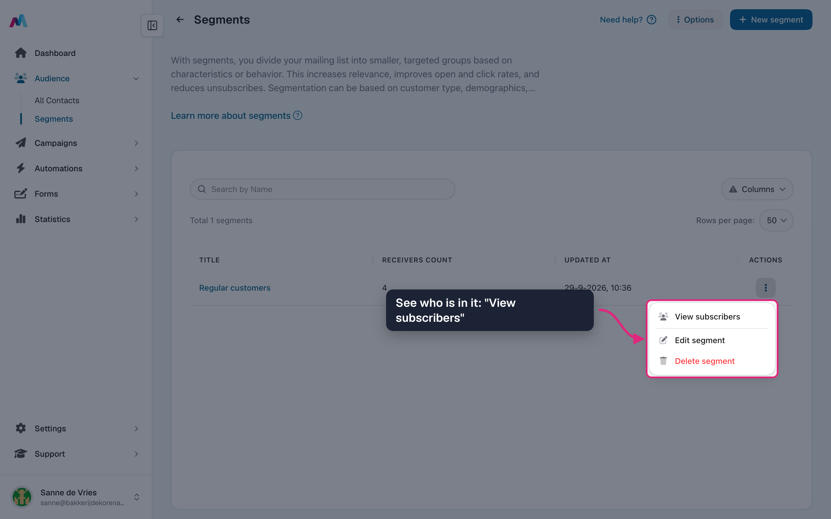The actions menu with "View subscribers", "Edit segment" and "Delete segment"