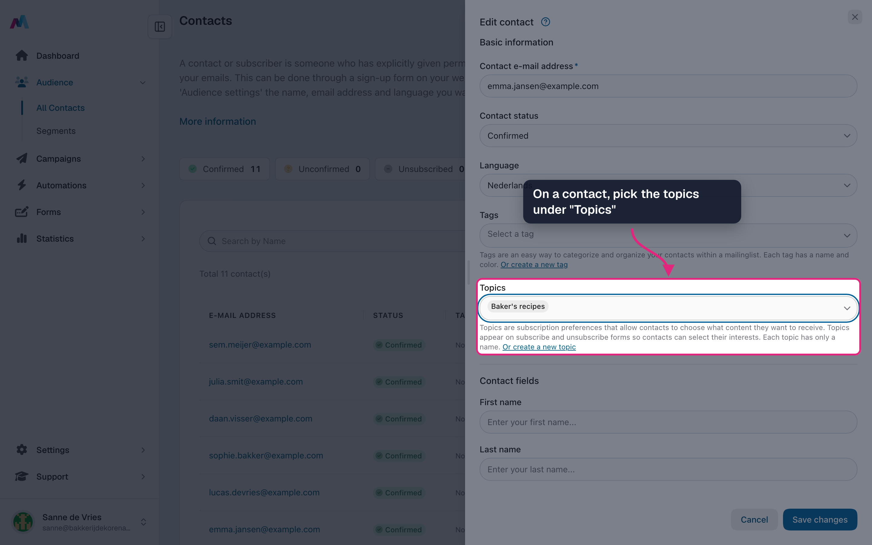 The Edit contact drawer with a topic picked under Topics