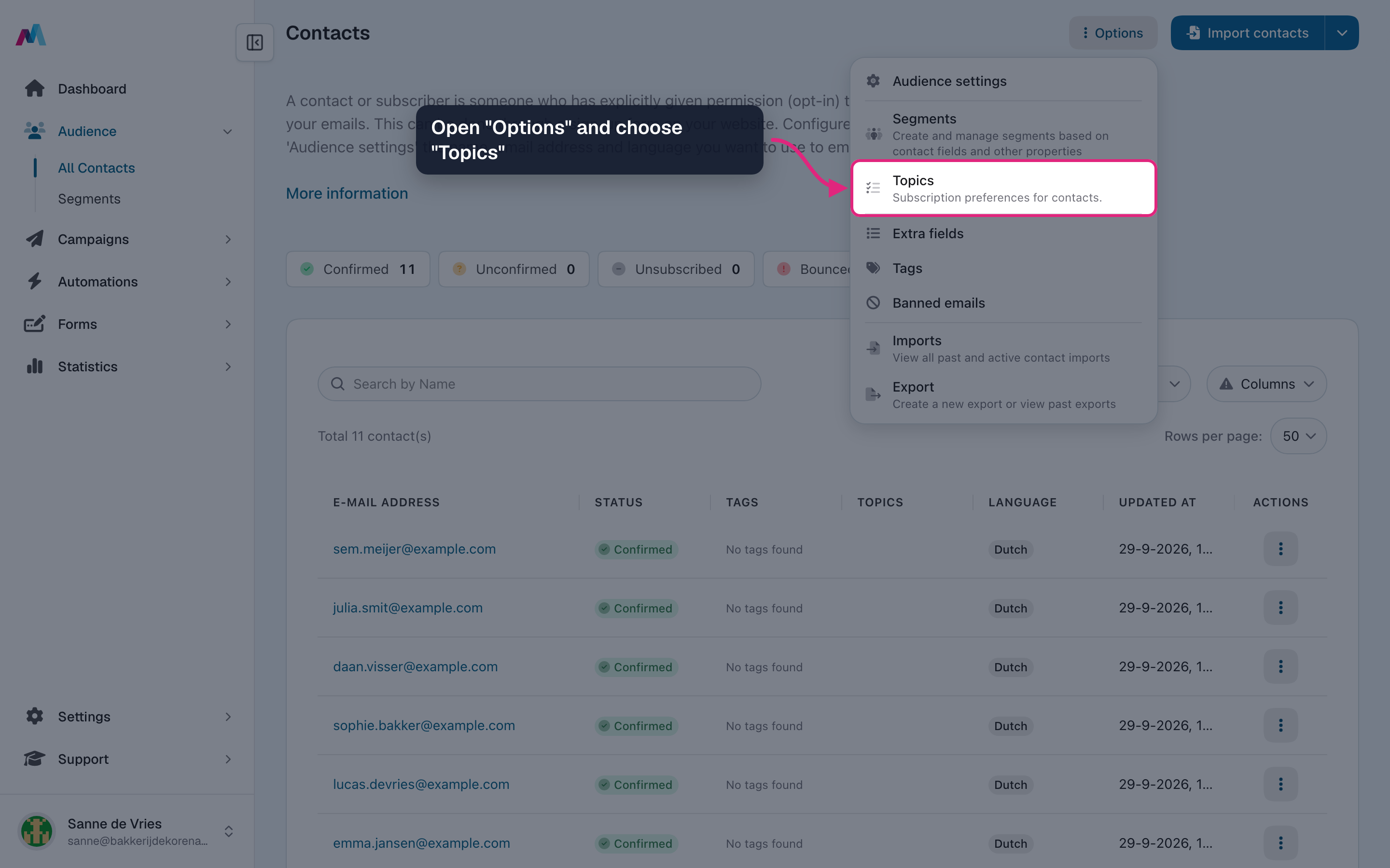 The Options menu on the Contacts page with Topics highlighted