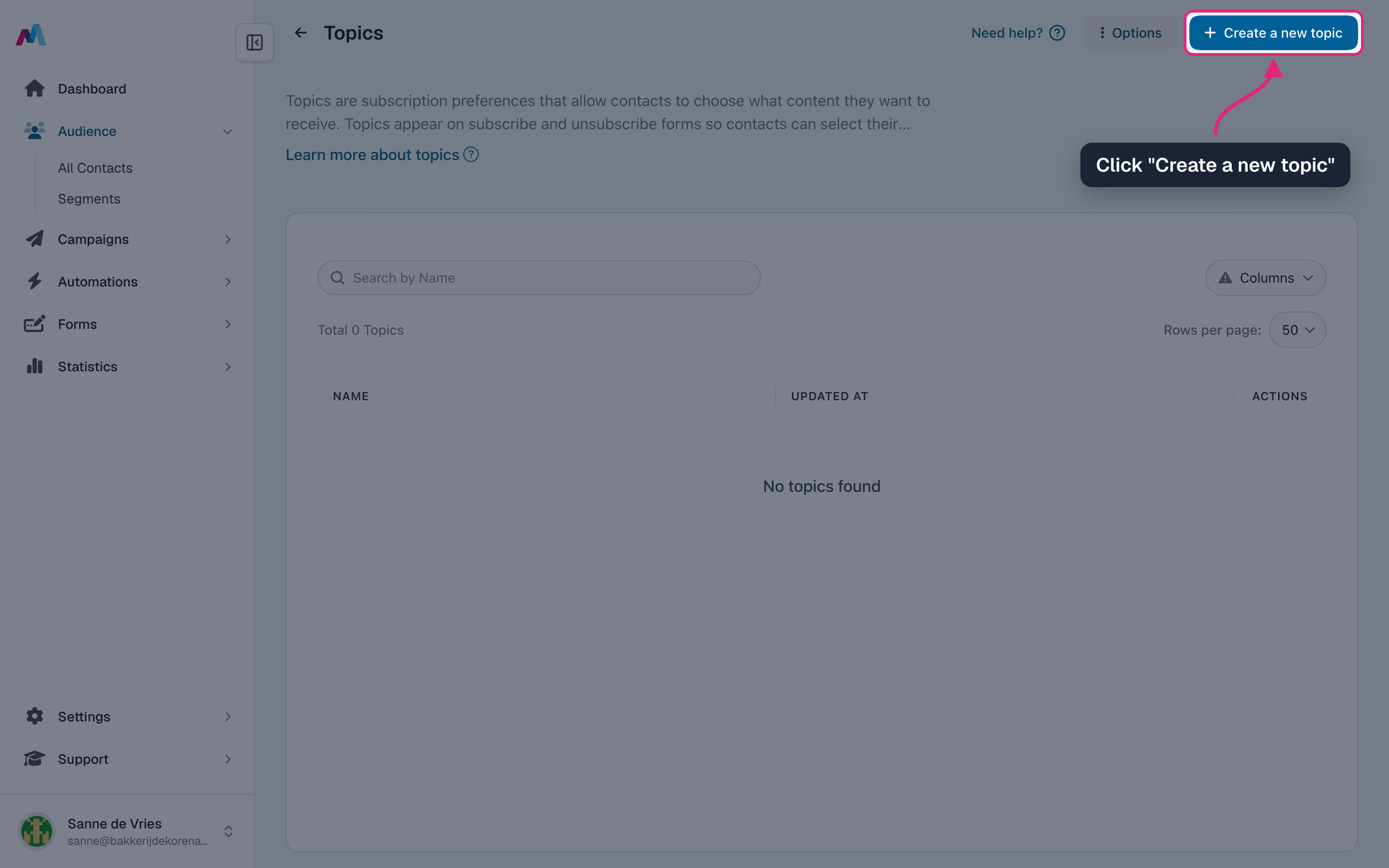 The Topics page with the "Create a new topic" button highlighted