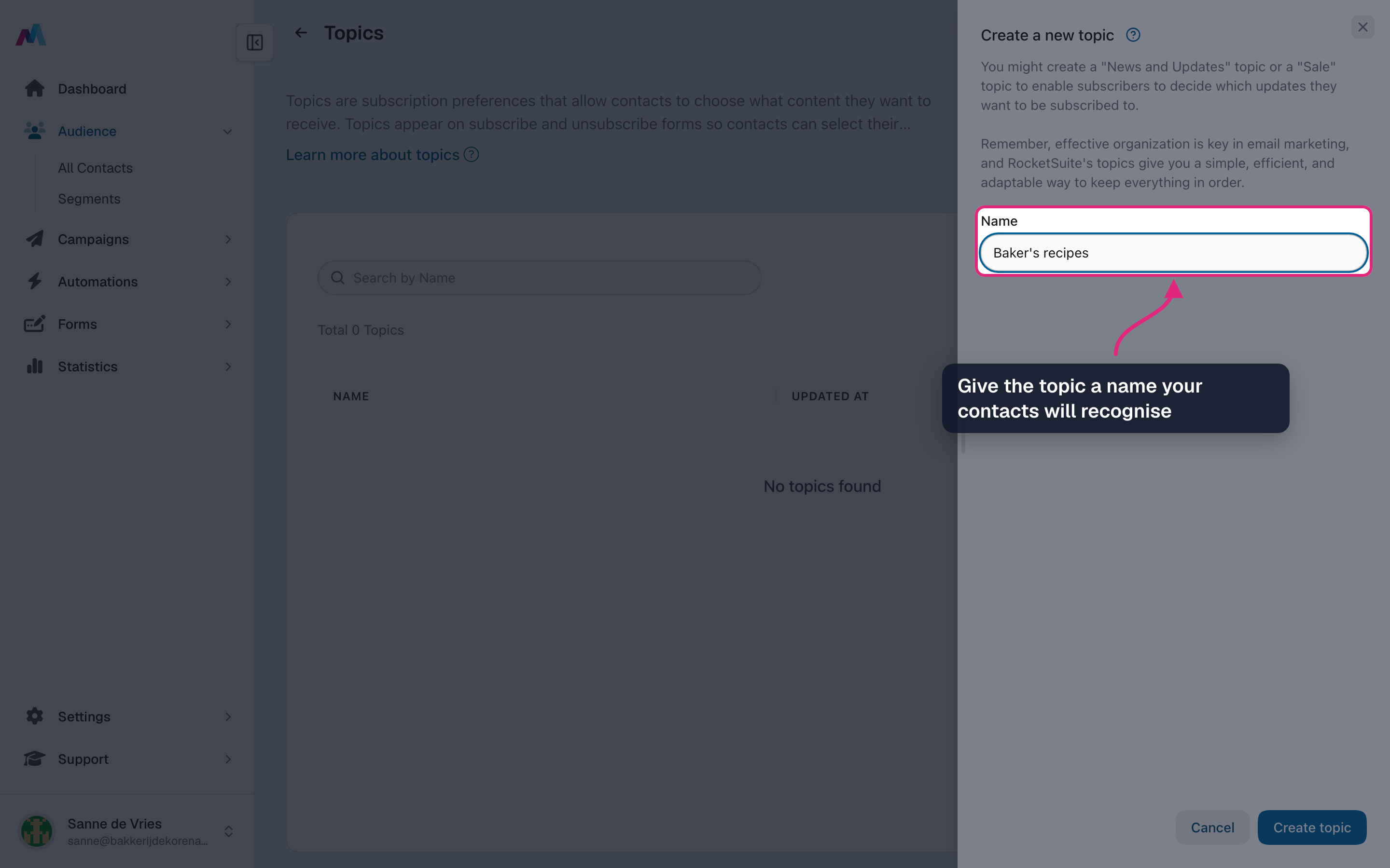 The new topic drawer with the name filled in