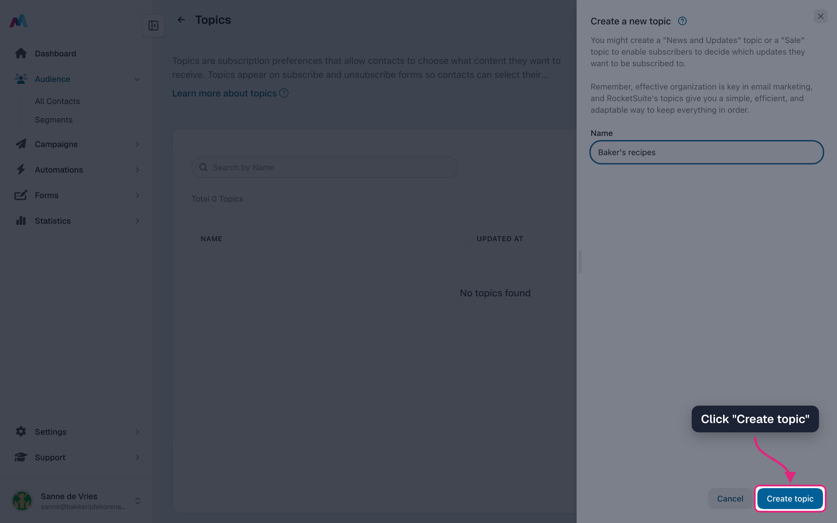 The "Create topic" button in the drawer highlighted