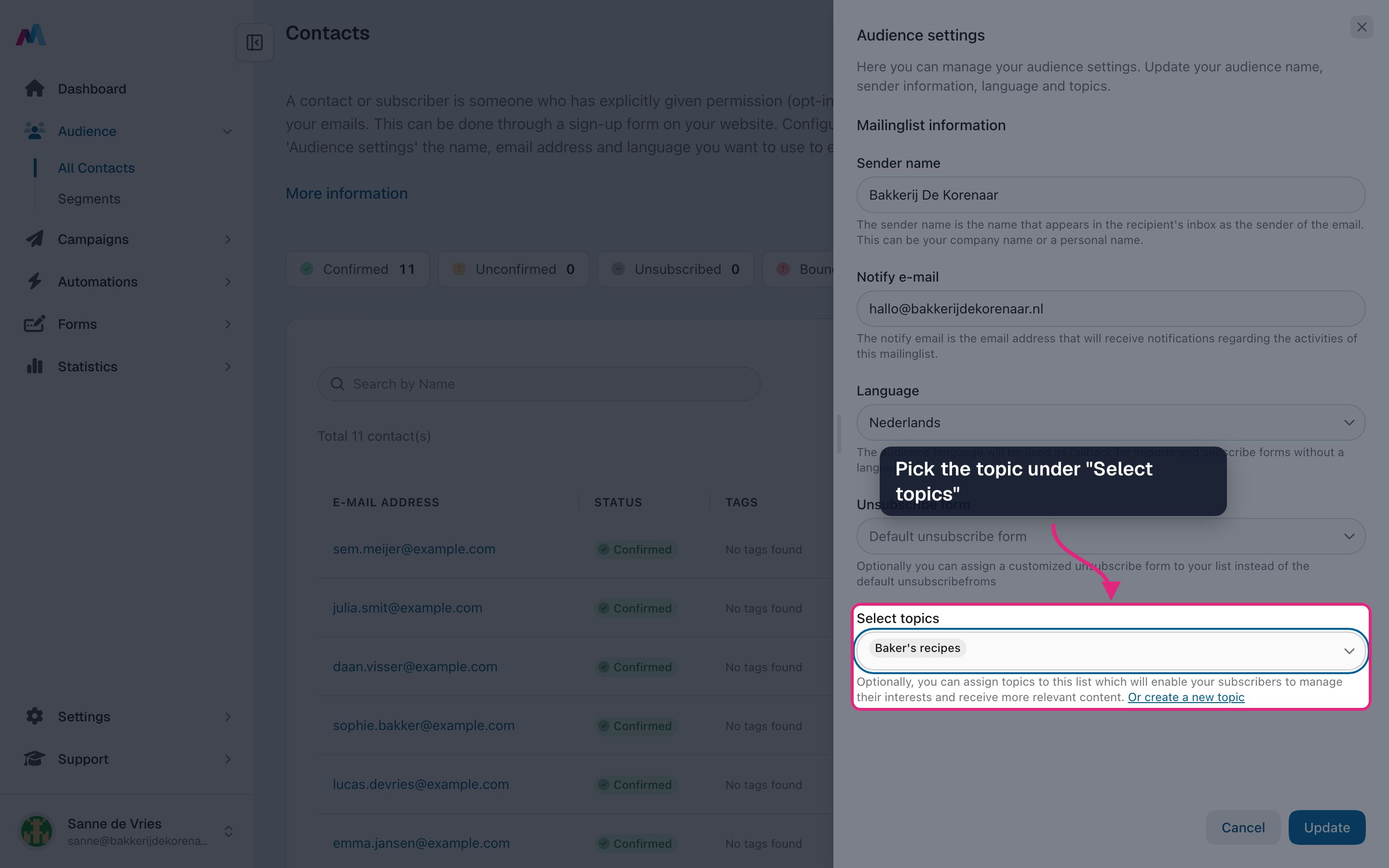 The Audience settings drawer with the topic selected under Select topics