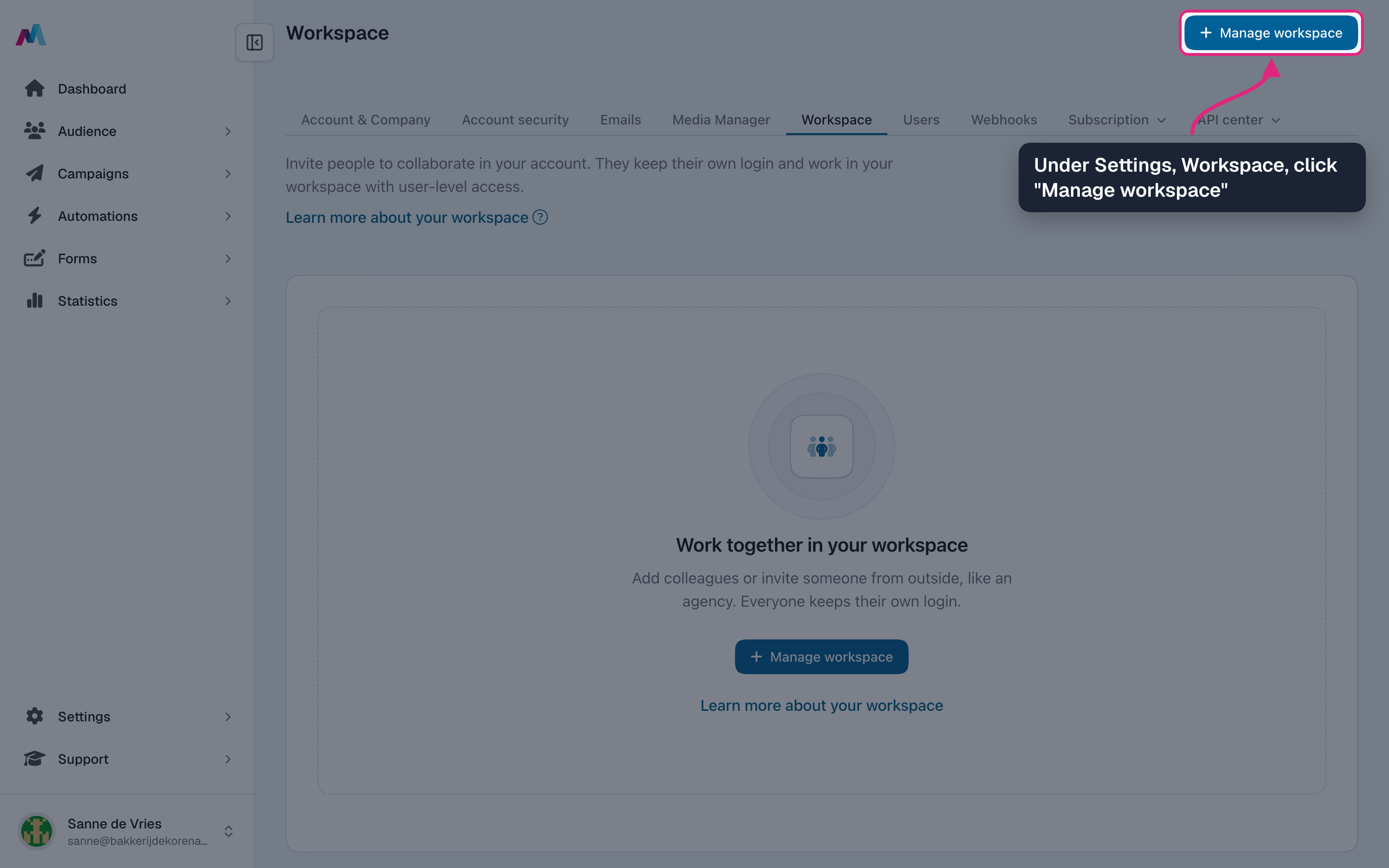 The Workspace settings page with the "Manage workspace" button highlighted