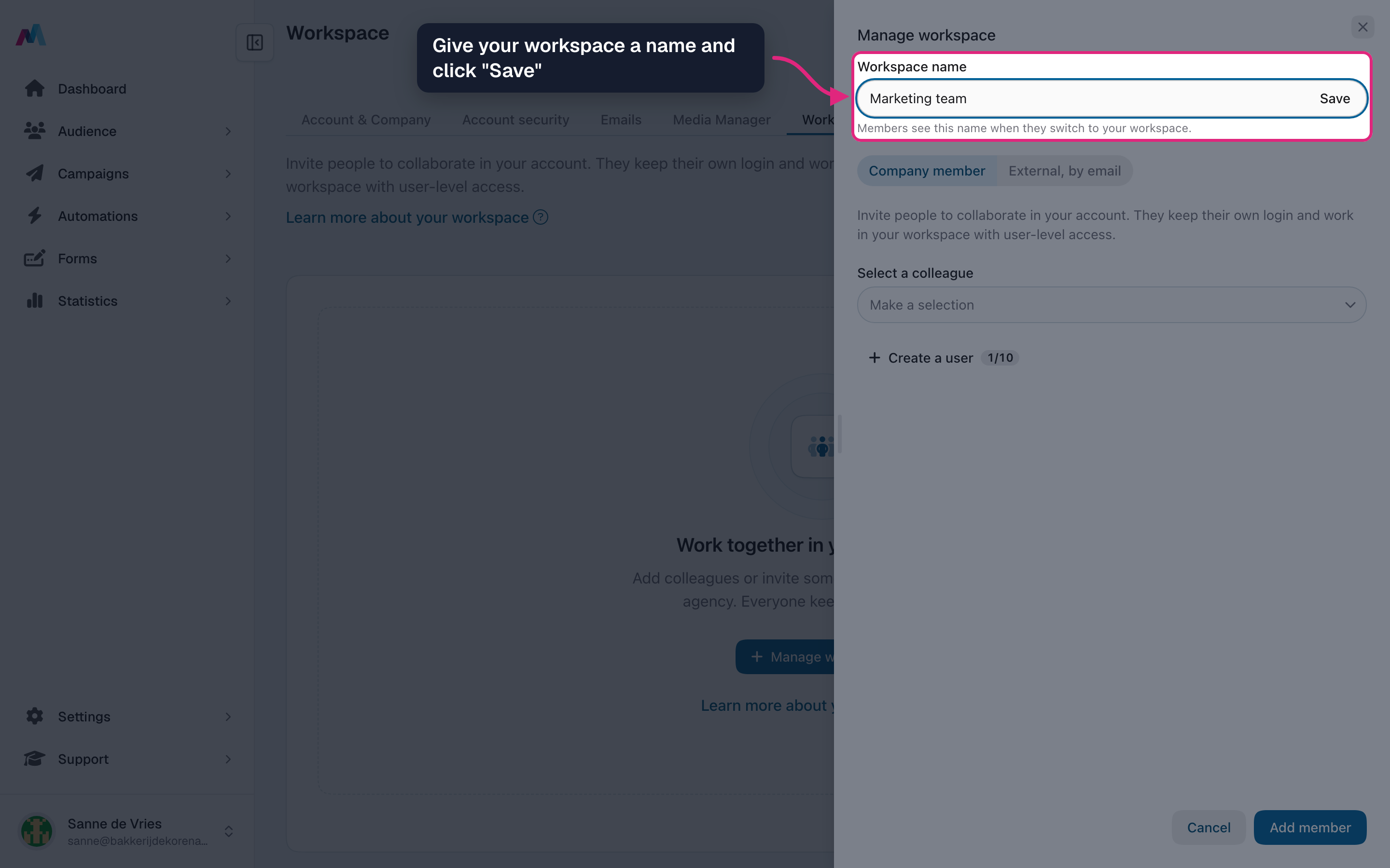 The workspace name field in the "Manage workspace" panel
