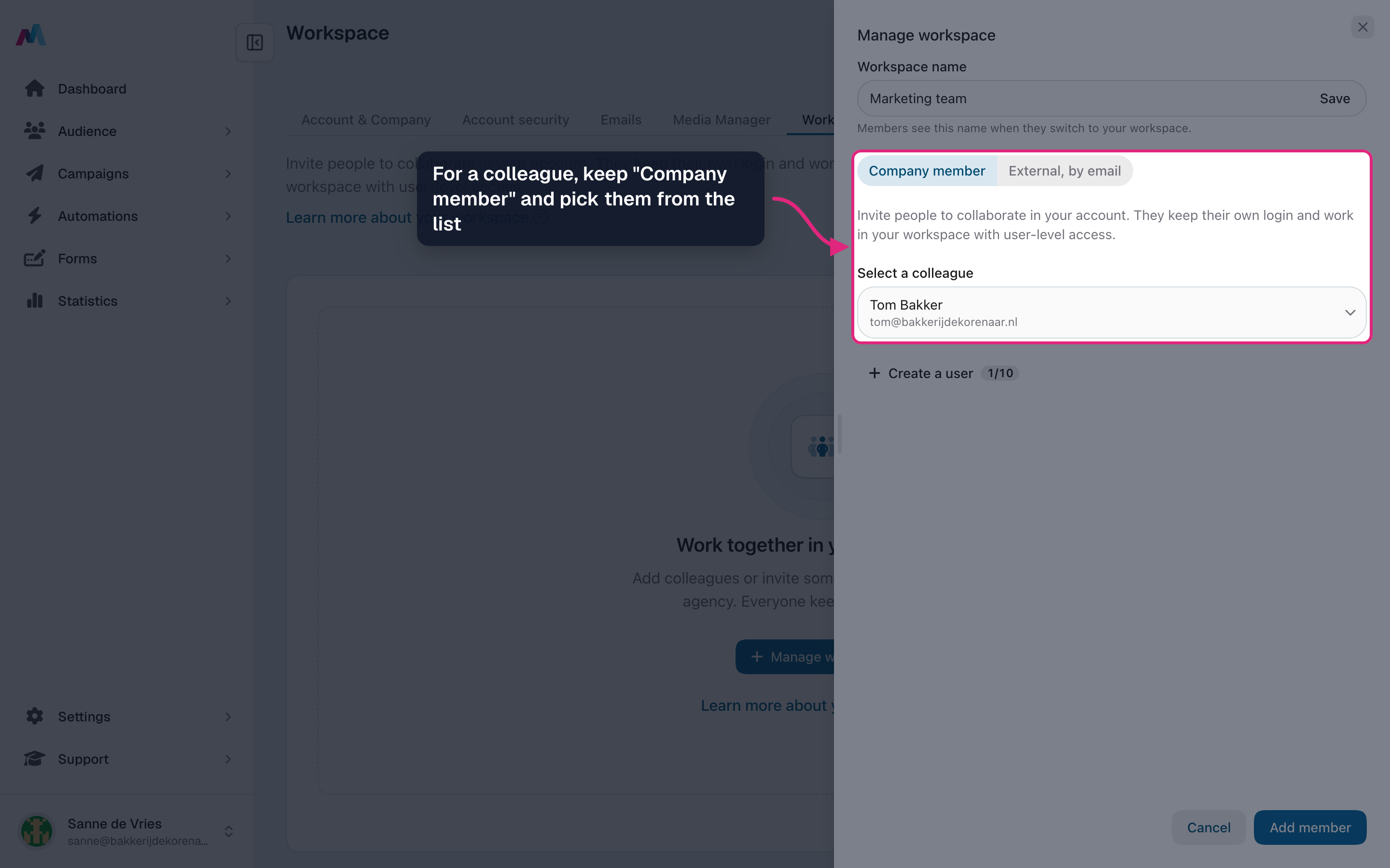The "Company member" option with a colleague selected