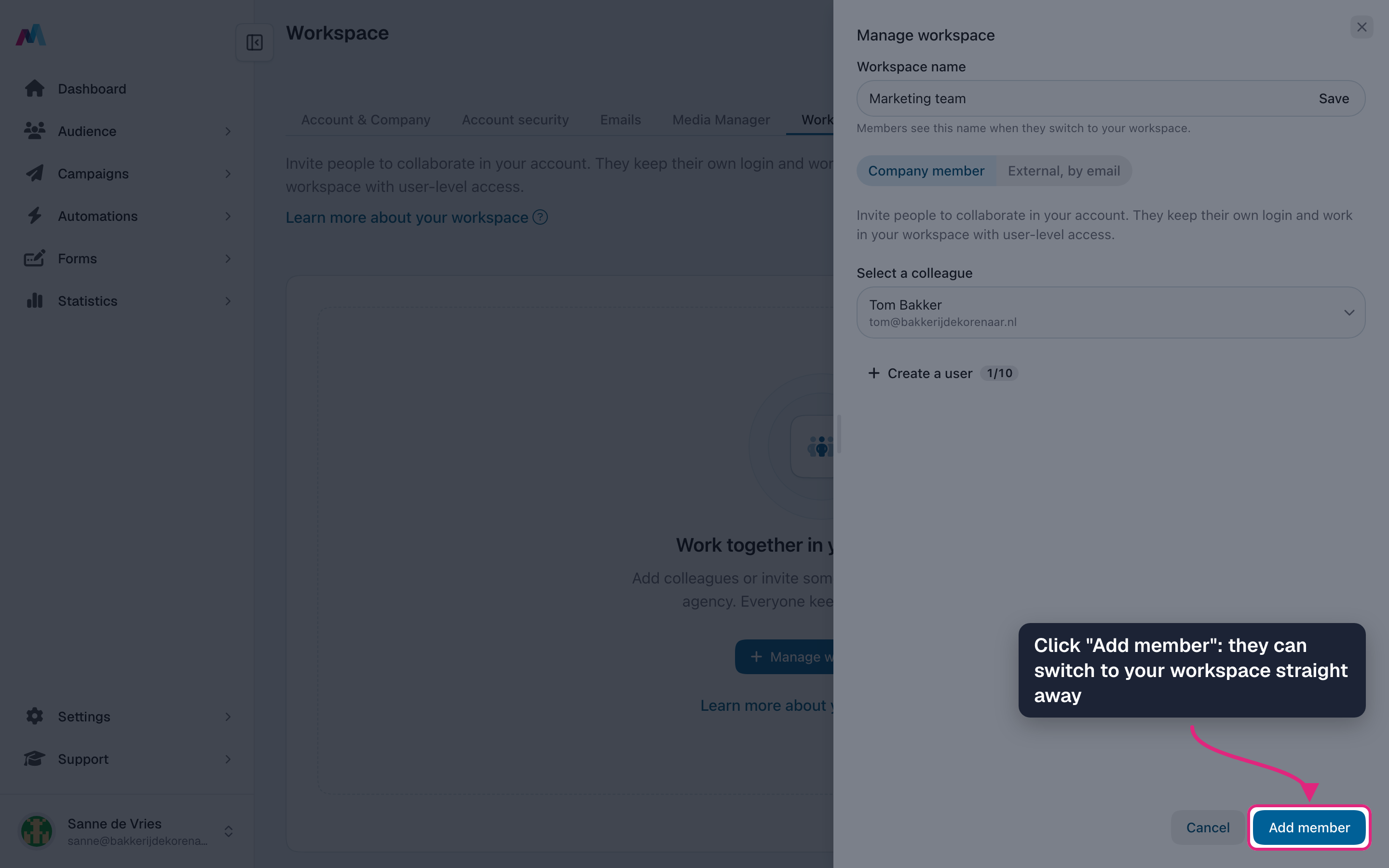 The "Add member" button of the "Manage workspace" panel