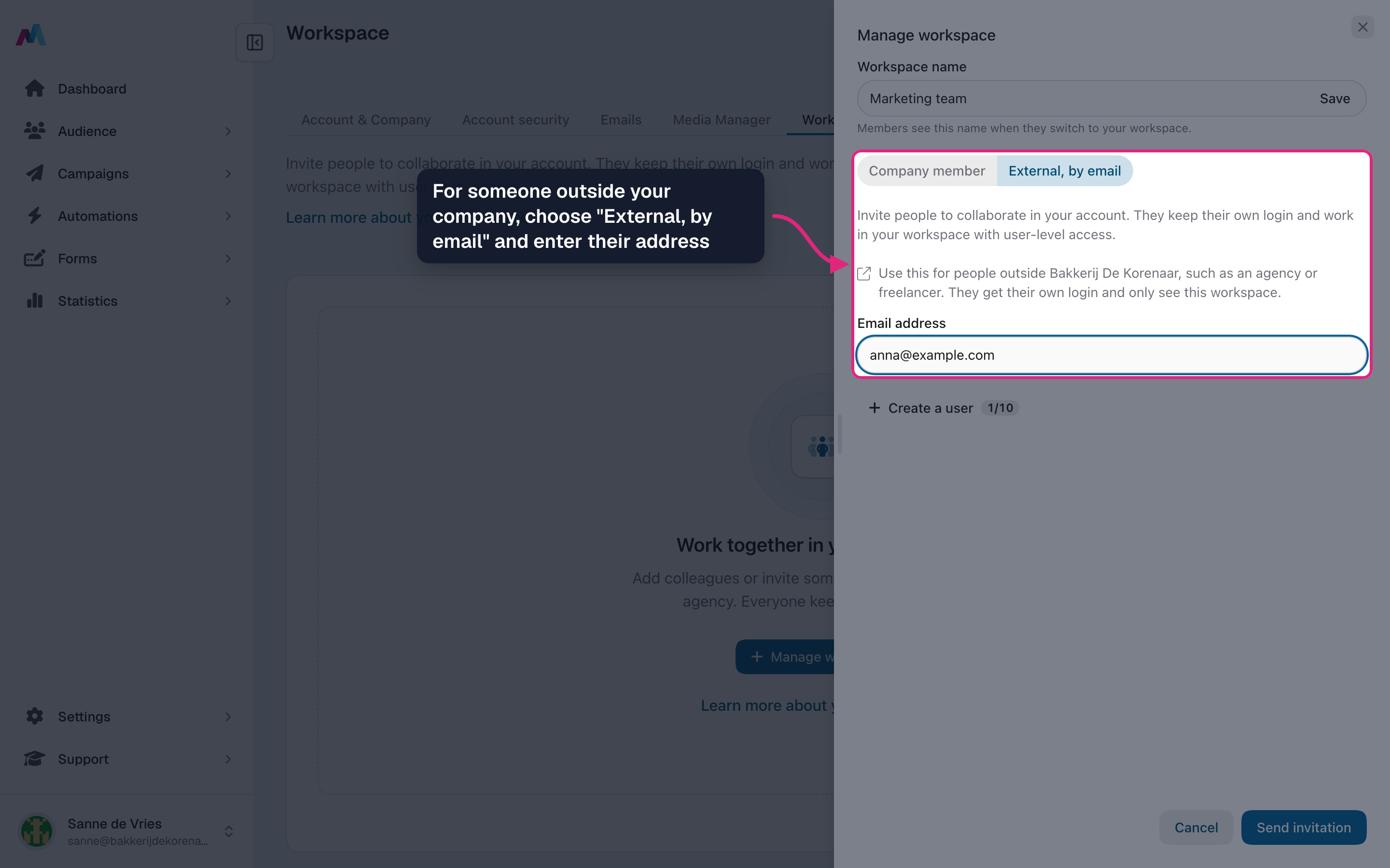 The "External, by email" option with an email address filled in