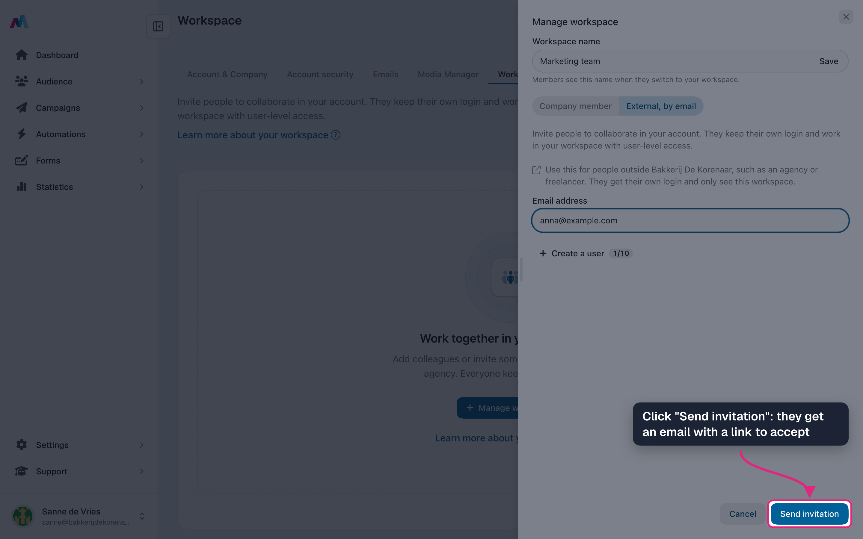 The "Send invitation" button of the "Manage workspace" panel