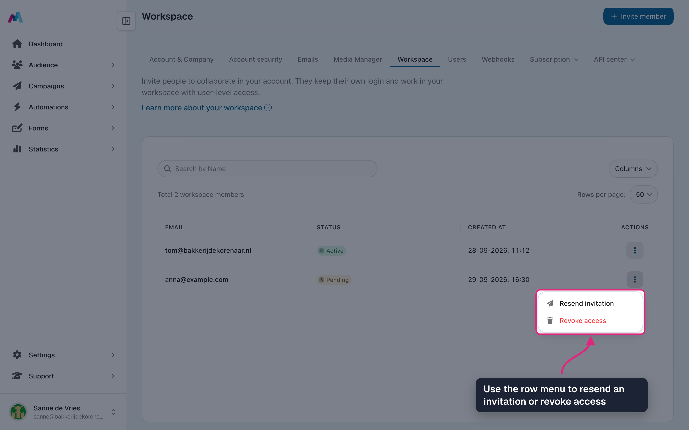 The row menu of a pending member with "Resend invitation" and "Revoke access"